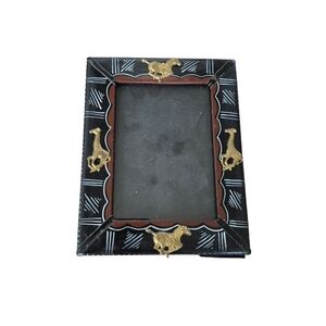 African Handmade Photo Frame Wood Leather With Brass Animals 4 X 5